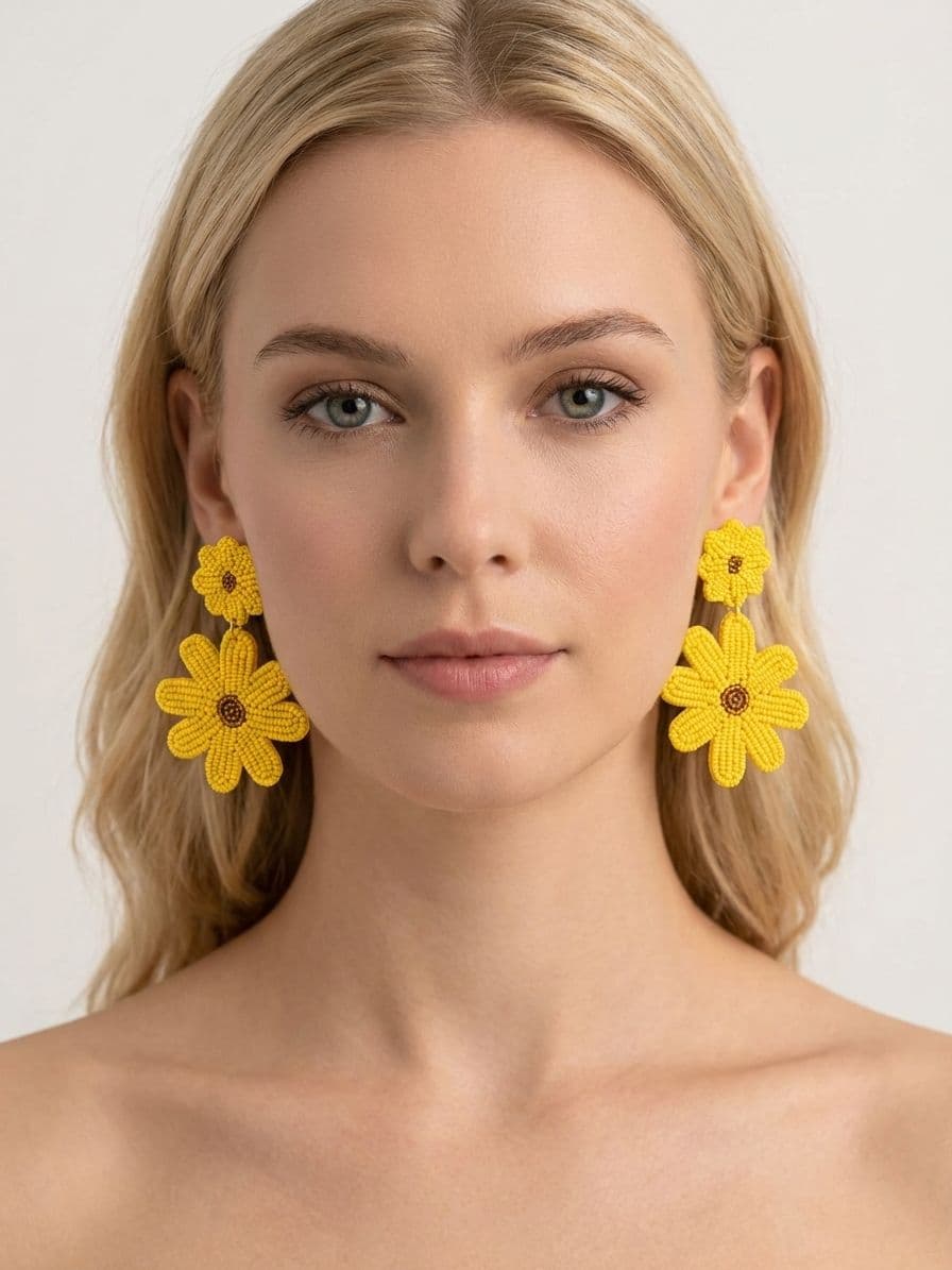 Yellow Beaded Flower Earrings for Women & Girls