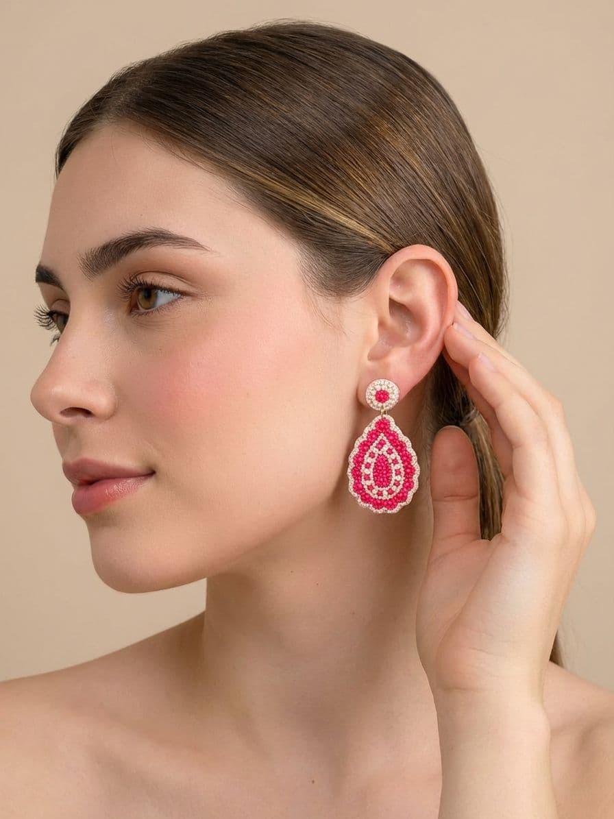 Pink-White Indian Style Beaded Earrings for Women & Girls