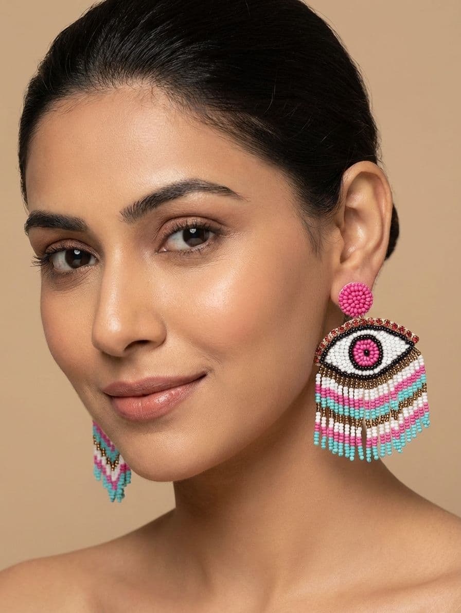 White-Pink Handmade 'Evil Eye' Beaded Earrings for Women