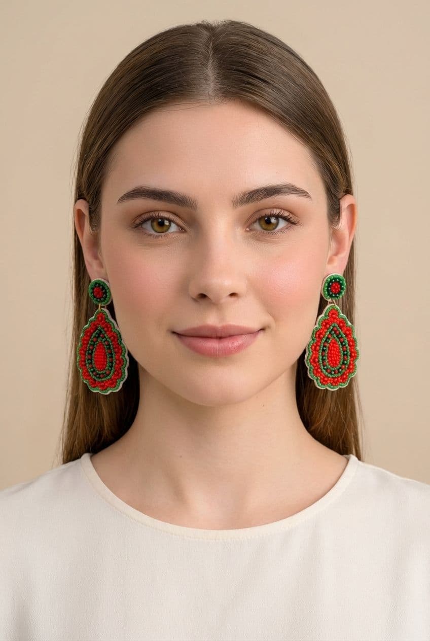 Red-Green Beaded Party Wear Earrings for Women