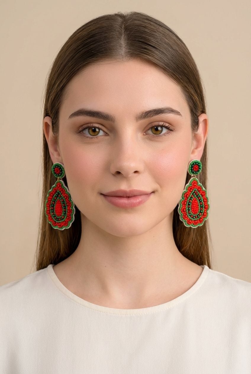 Red-Green Beaded Party Wear Earrings for Women
