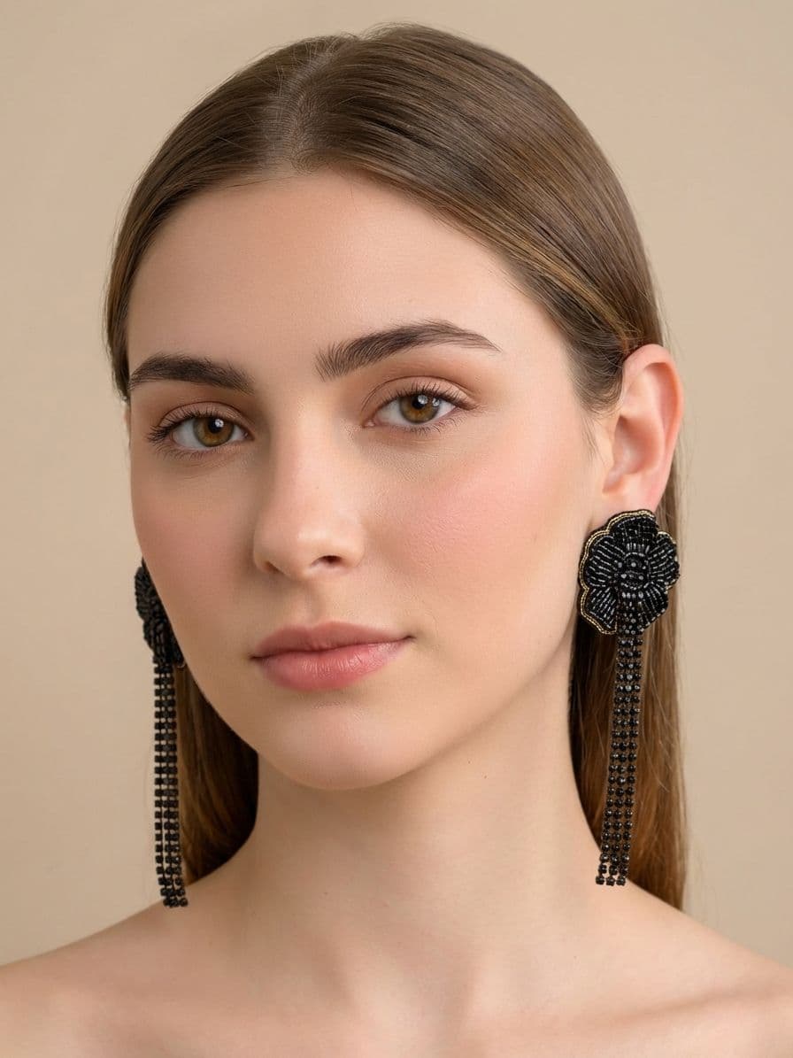 Black Beaded Flower Tassel Earrings for Women/Girls
