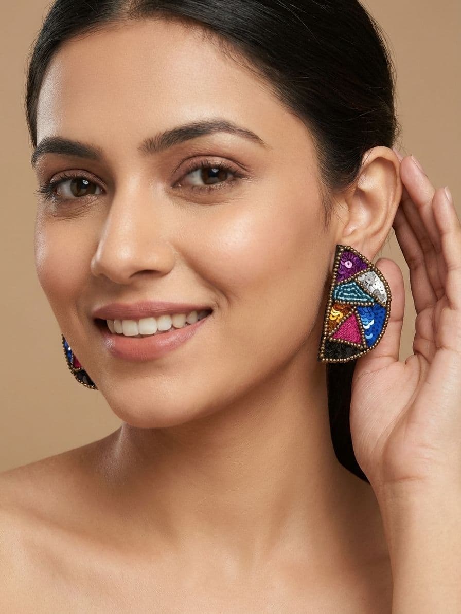 ARDHEarrings - Quirky Handmade Multicolored Beaded Half Moon EMBROIDERED Earrings