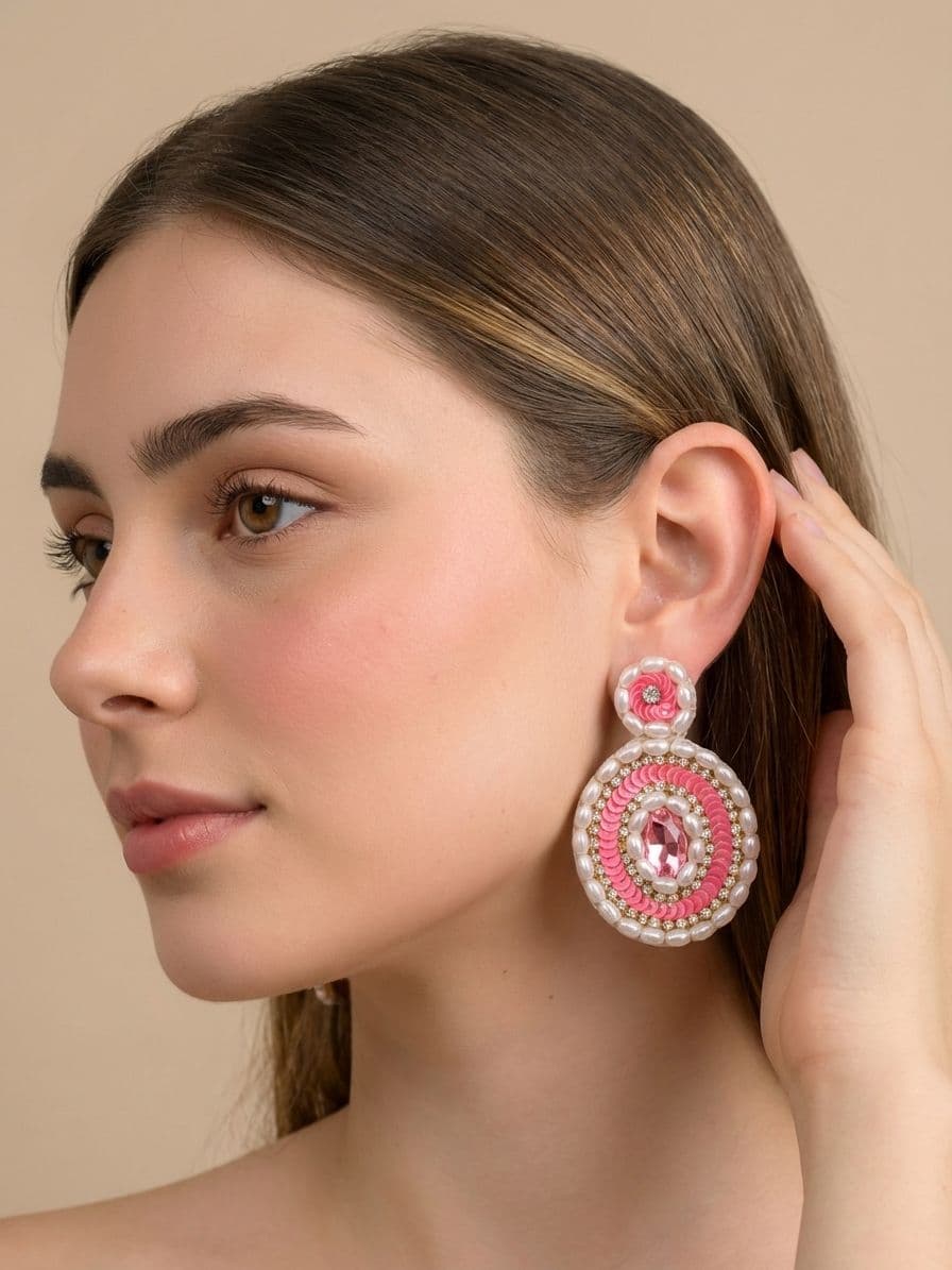 Pink & White Handmade Beaded Earrings - Indian Beaded Statement Dangler Earrings for WOmen