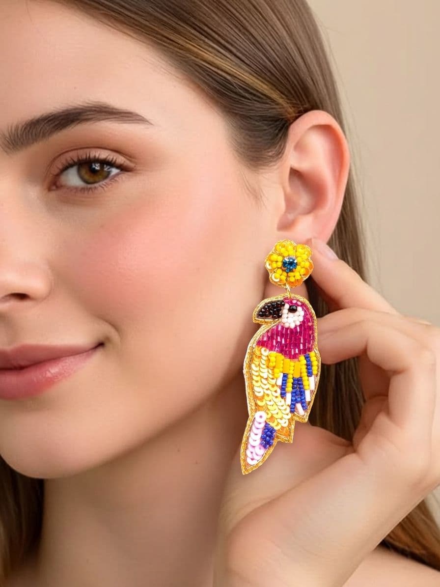 Pink Handmade Beaded Parrot Earrings for Girls