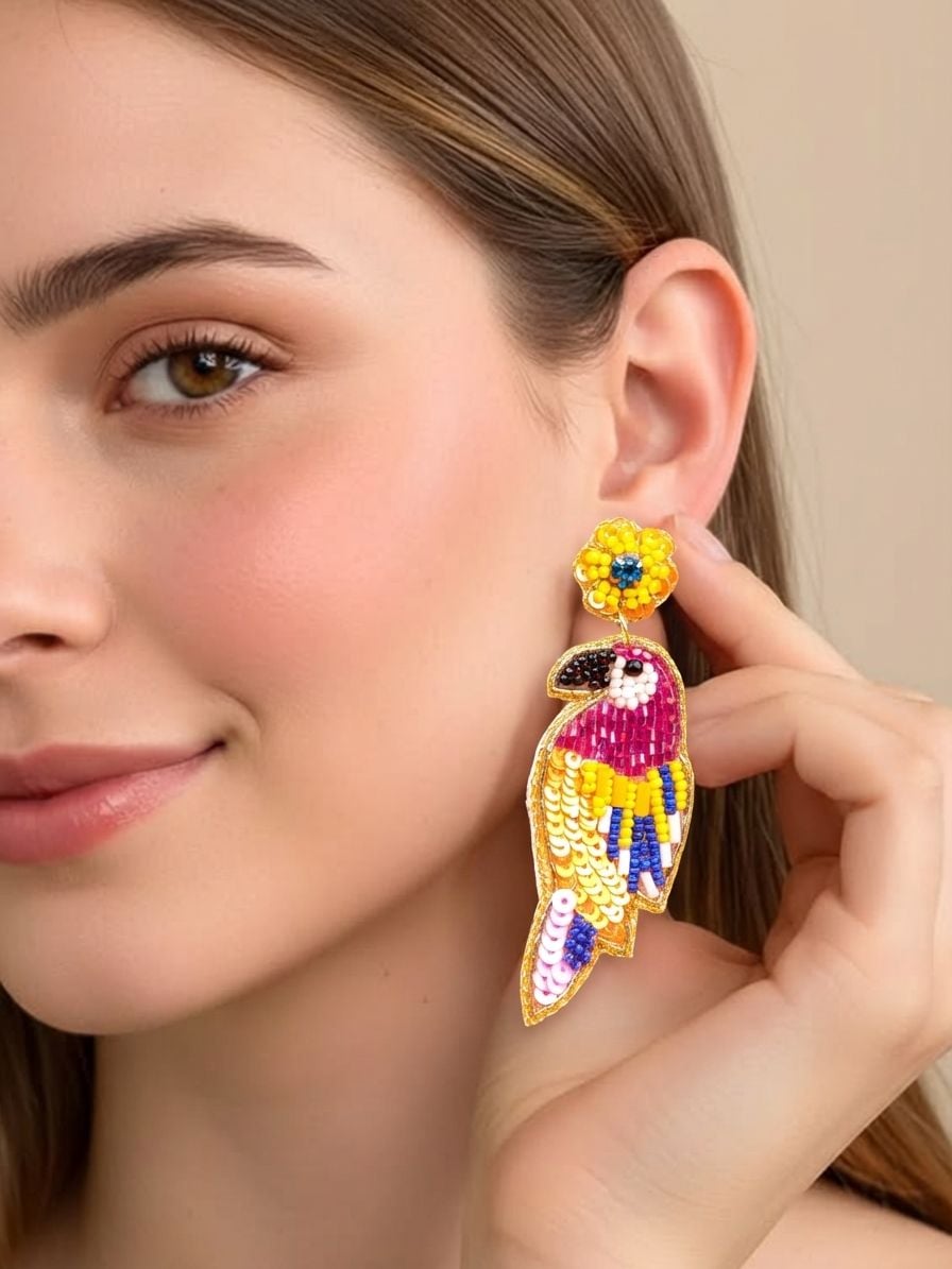 Pink Handmade Beaded Parrot Earrings for Girls