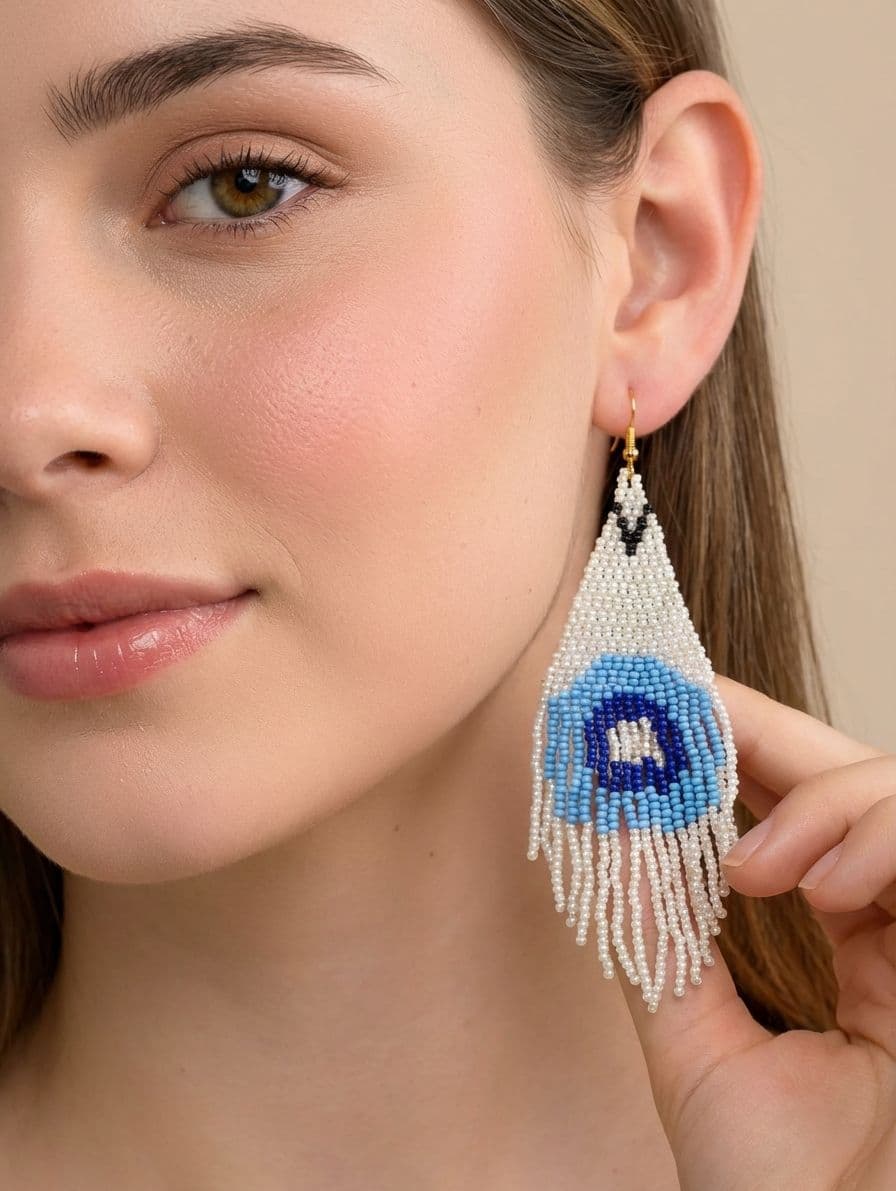 Handmade Peacock Design White-Blue Beaded Tassel Earrings