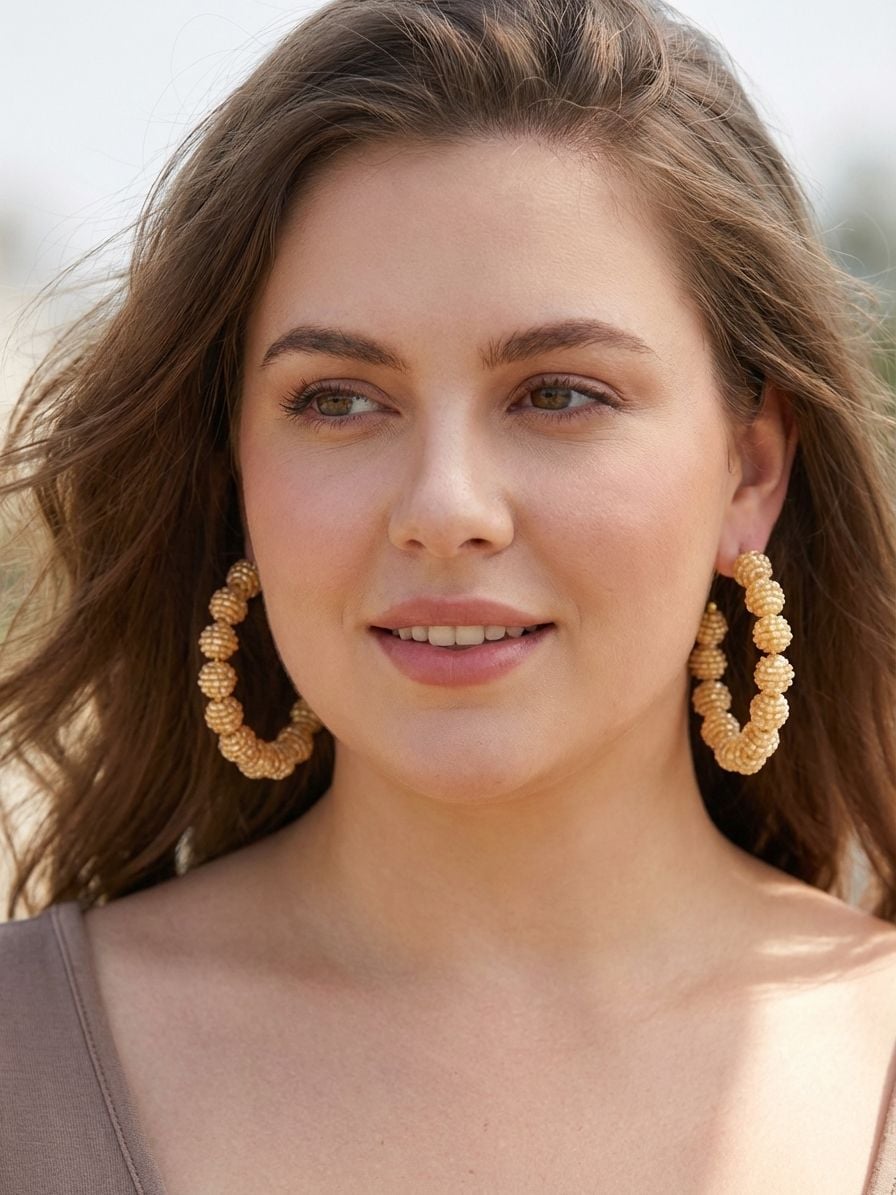 Crunchy Fashion Designer Gold-Plated Handmade Beaded Balls Big Hoop Earrings CFE1671