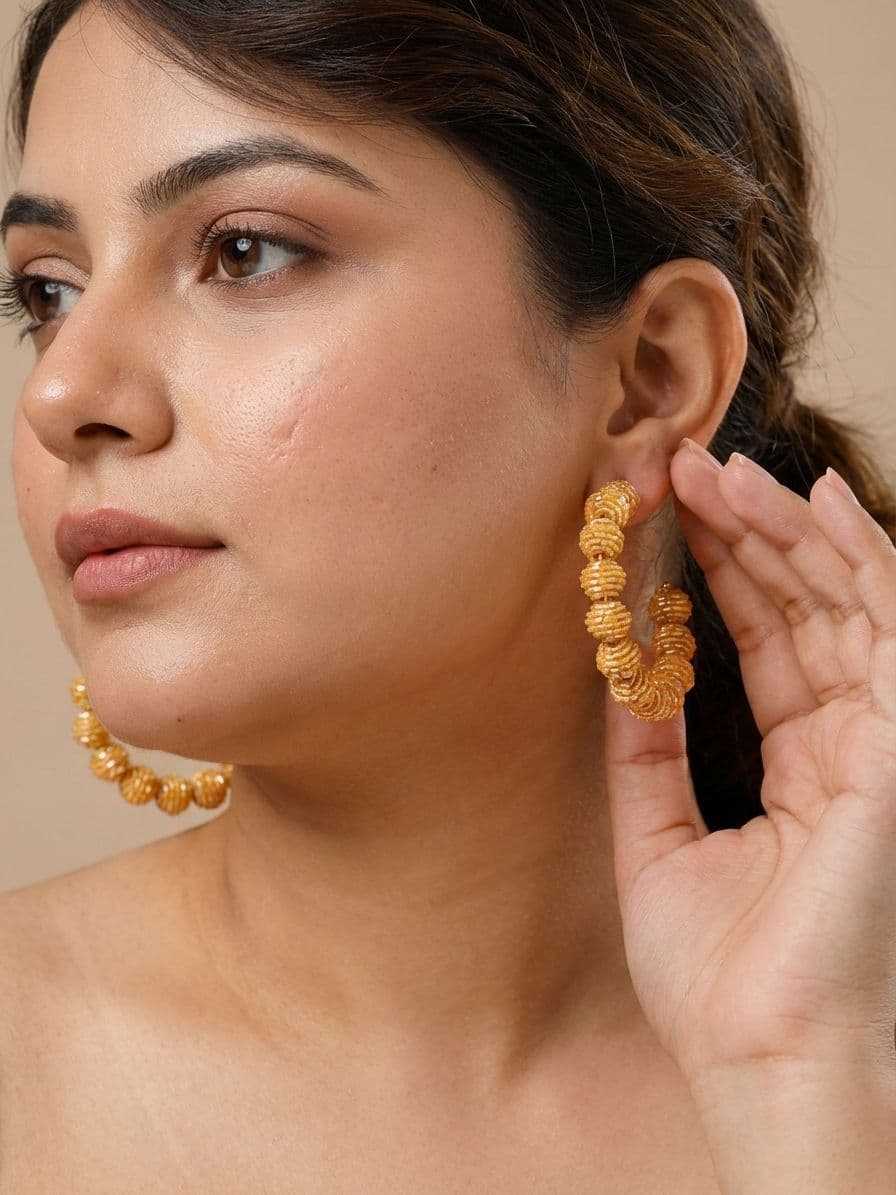 Crunchy Fashion Designer Gold-Plated Handmade Beaded Balls Big Hoop Earrings CFE1671