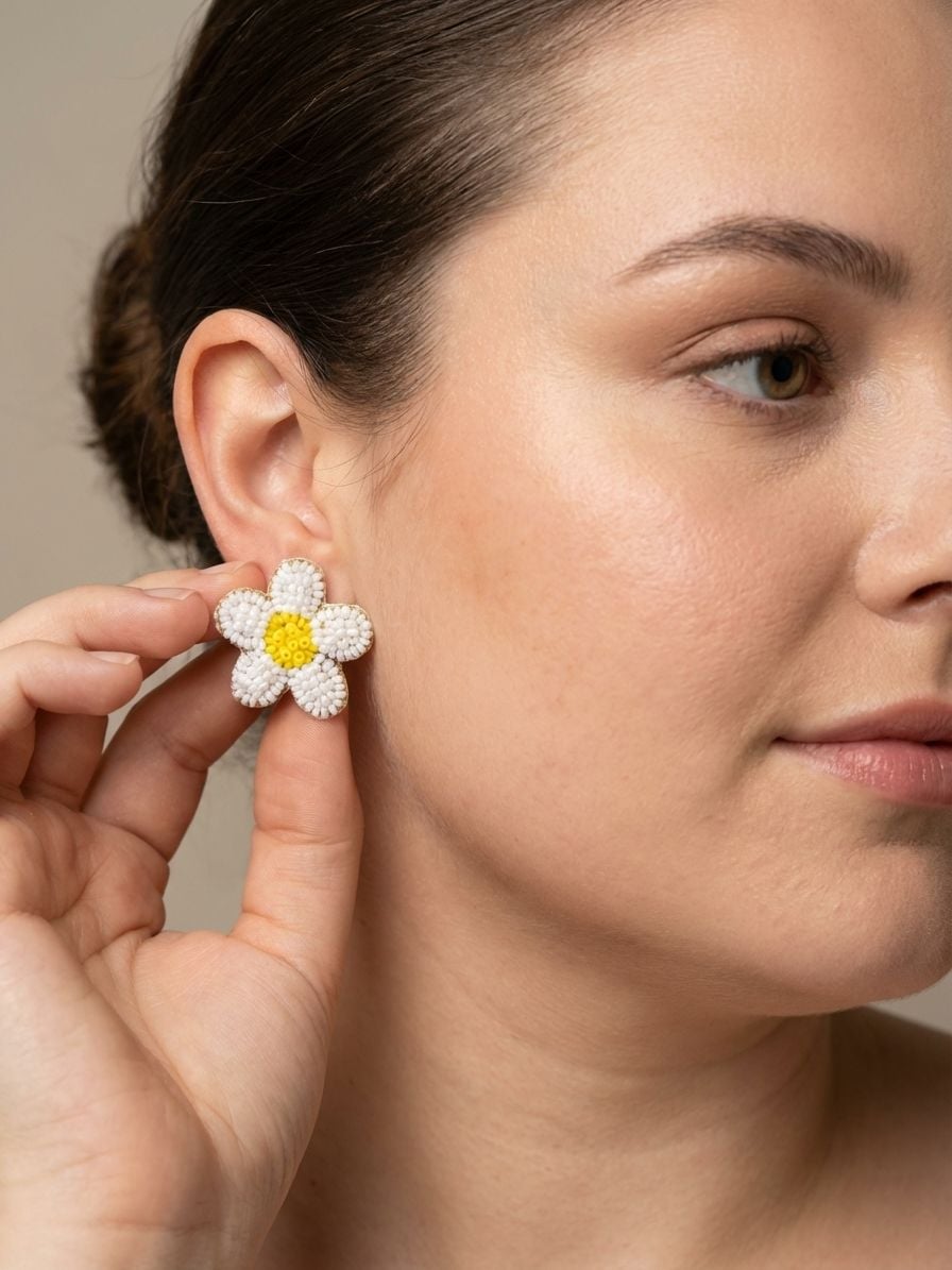Handmade White Beaded Stud Earrings
