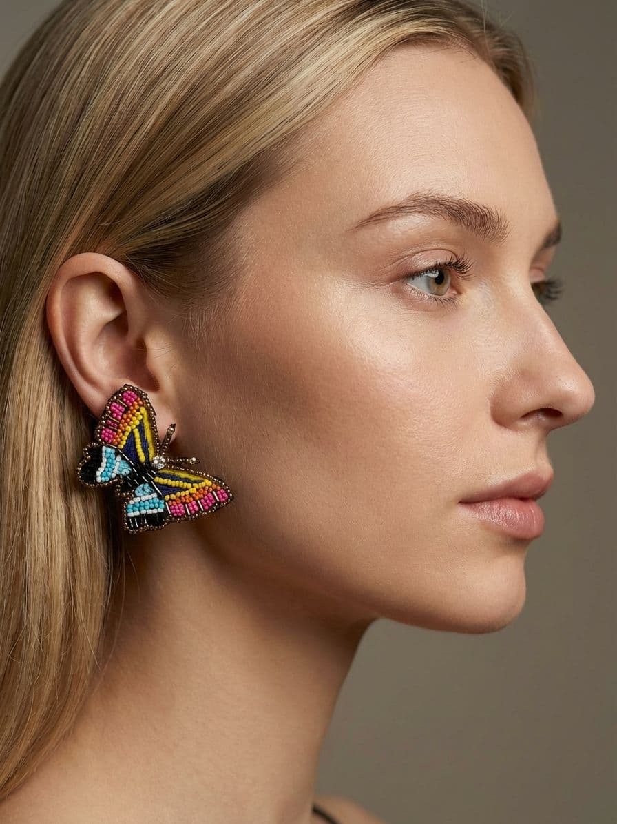 Butterfly Earrings - Quirky Handmade Multicolored Beaded Butterfly Stud Earrings