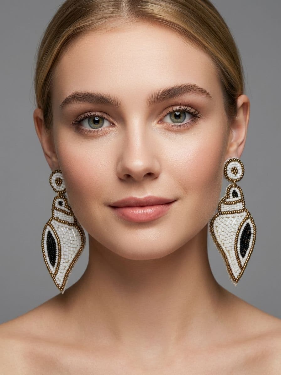 Shankha Earrings-White-Gold Handmade Beaded Shiv Shankha Earrings for Women