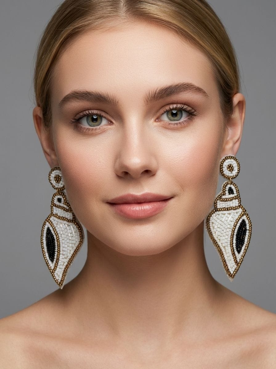 Shankha Earrings-White-Gold Handmade Beaded Shiv Shankha Earrings for Women