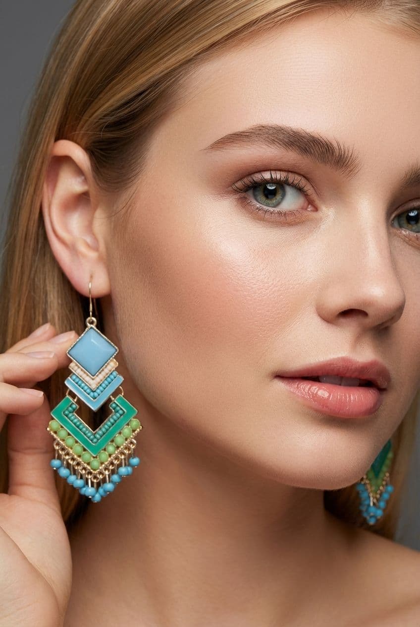 Aqua Blue-White Bohemian Geometric Beaded Earrings for Fashionable Women
