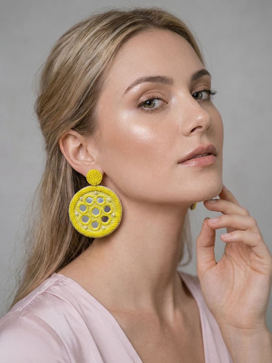 Mirror Work Yellow Handcrafted Beaded Earrings for Women