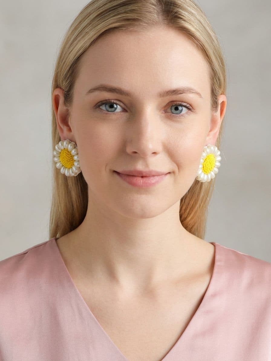 Handmade Sunflower Beaded Pearl Stud Earrings for Trendy Women & Girls