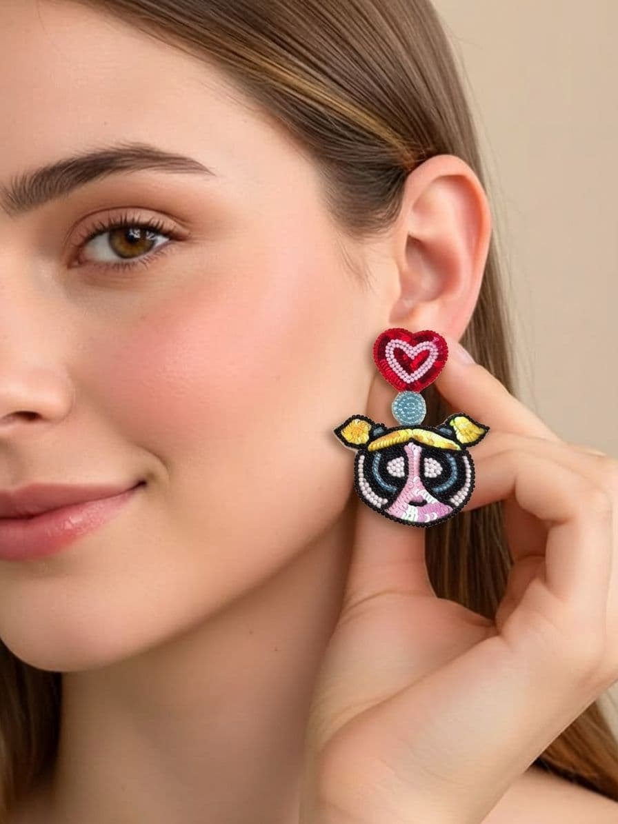 Powerpuff Girl Earrings - Handmade Quirky Beaded Statement Dangling Earrings