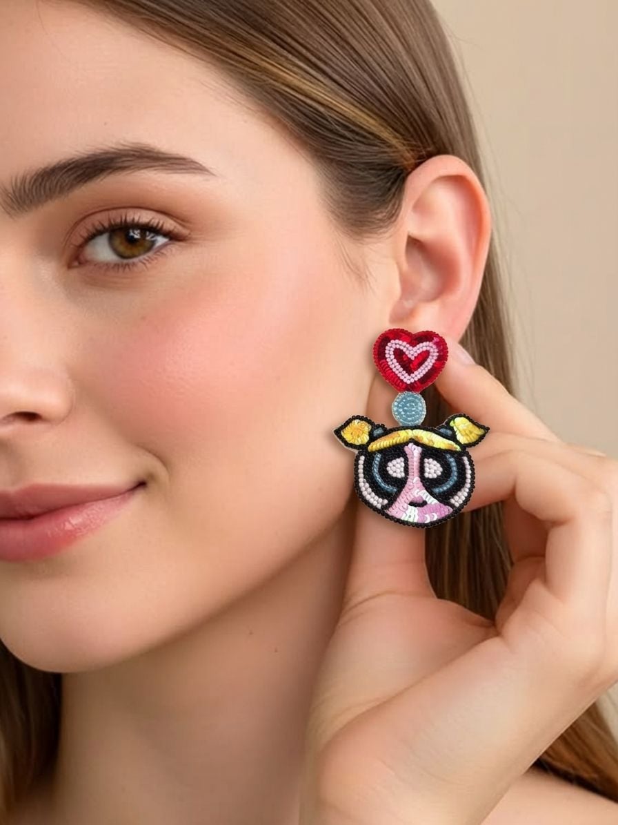 Powerpuff Girl Earrings - Handmade Quirky Beaded Statement Dangling Earrings
