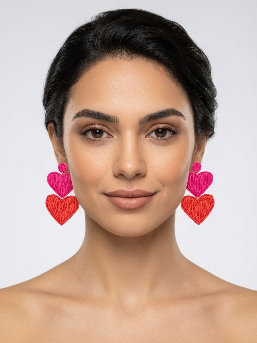 Red-Pink Double Heart Handmade Beaded Earrings