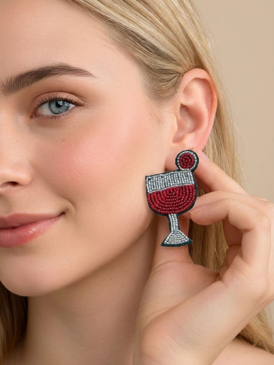 Red & Silver Wine Glass Beaded Drop Earrings for Women & Girls