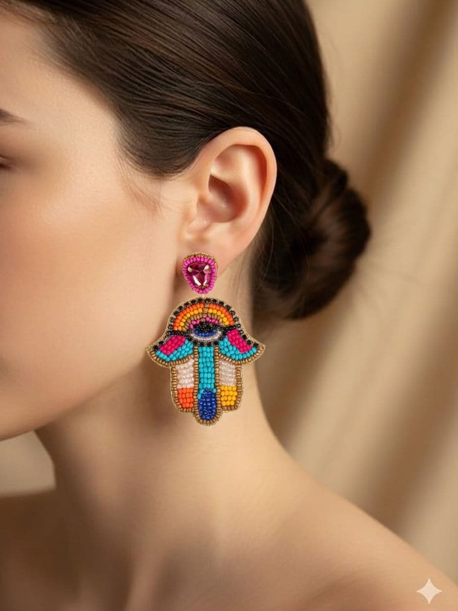 Hamsa Evil Eye Drop Earrings - Handmade Beaded Danglers for Women & Girls
