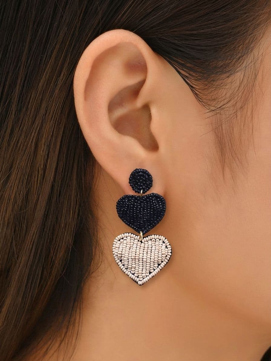Dangling Hearts Earrings- Black-Beige Beaded Heart Earrings for Women