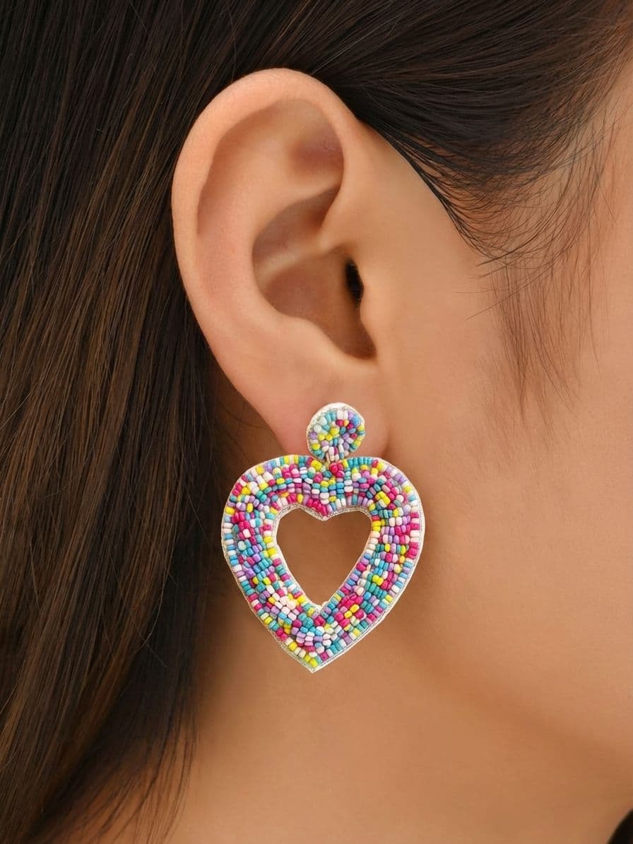 Multicolor Beaded Heart Earrings