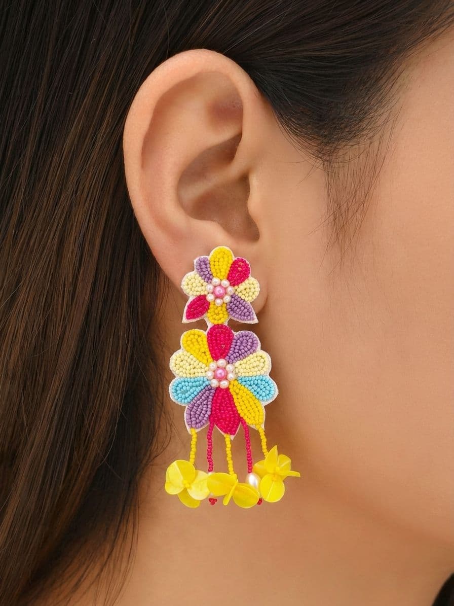Multicolor Beaded Floral Earrings for Haldi Mehndi