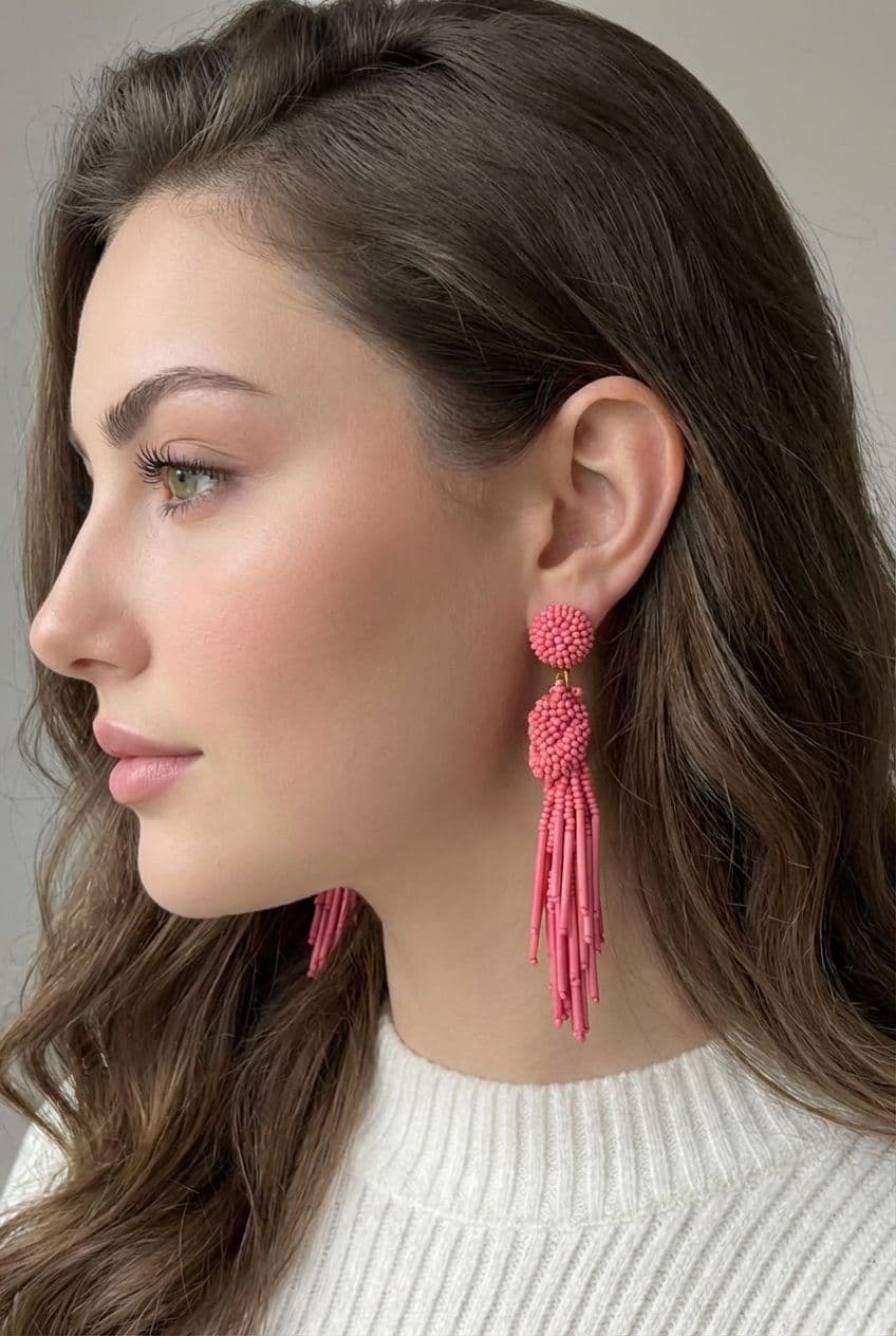 Rose Pink Beaded Tassel Earrings for Women