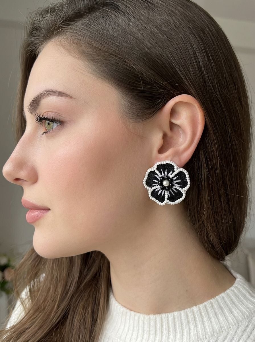 Black Blossom Studs- Black Beaded Flower Stud Earrings for Women