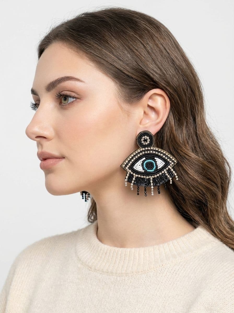 Black Handmade Beaded Evil Eye Earrings for Girls/Women