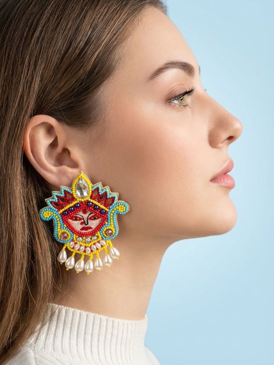 Summer-Spring Devi Maa Face Multicolor Beaded Drop Earrings