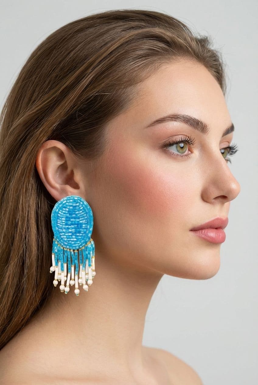 Sky-Blue & White Beaded Oval Stud Earrings for Women & Girls