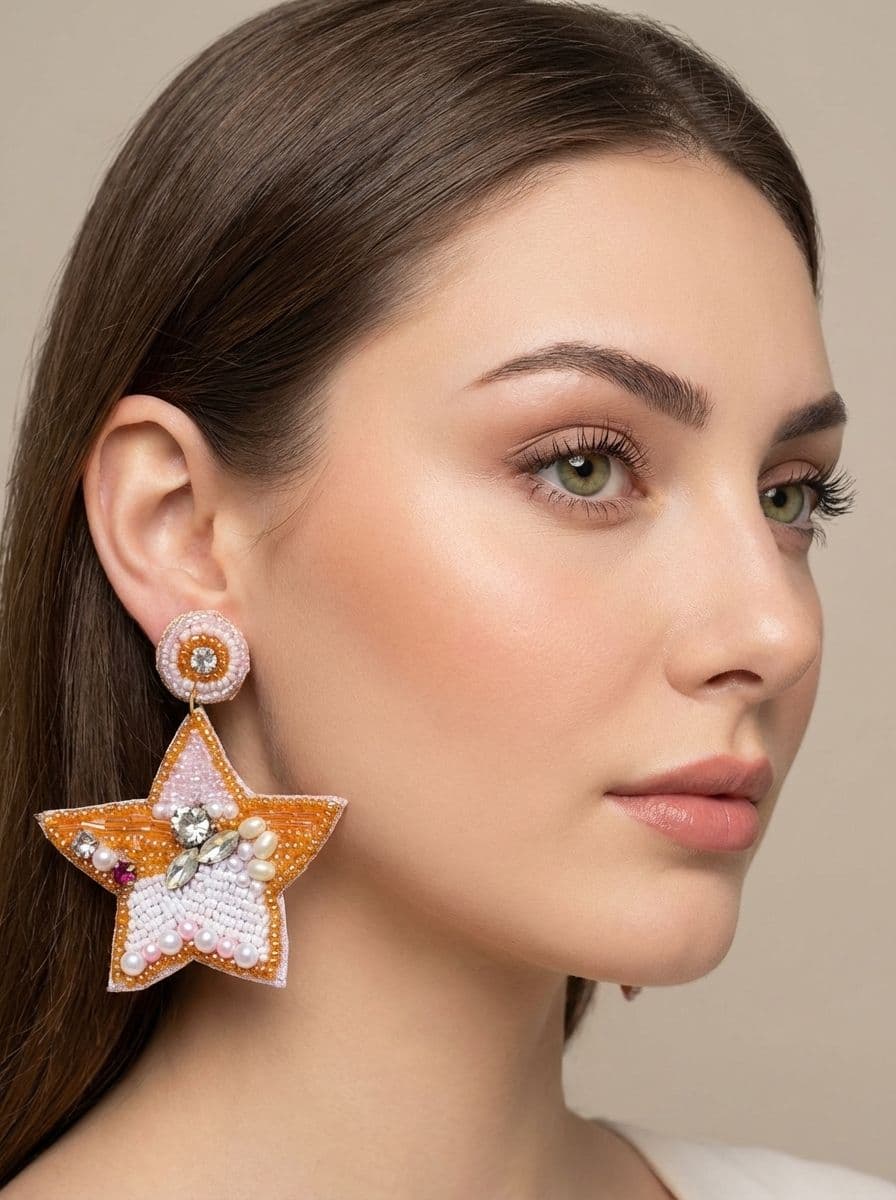 White-Gold Quirky Beaded Star Earrings for Unique Women & Girls