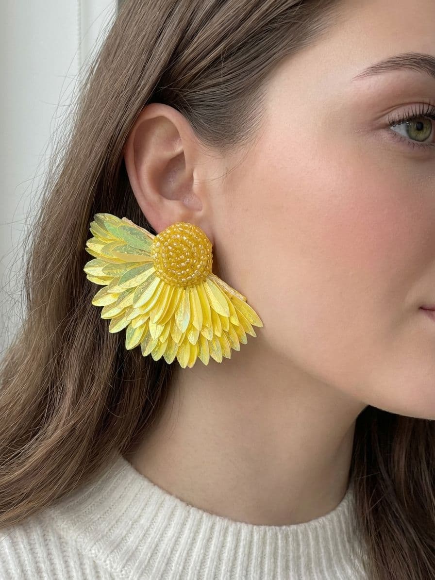 Sparkling Yellow Half Flower Beaded Studs Earrings for Women