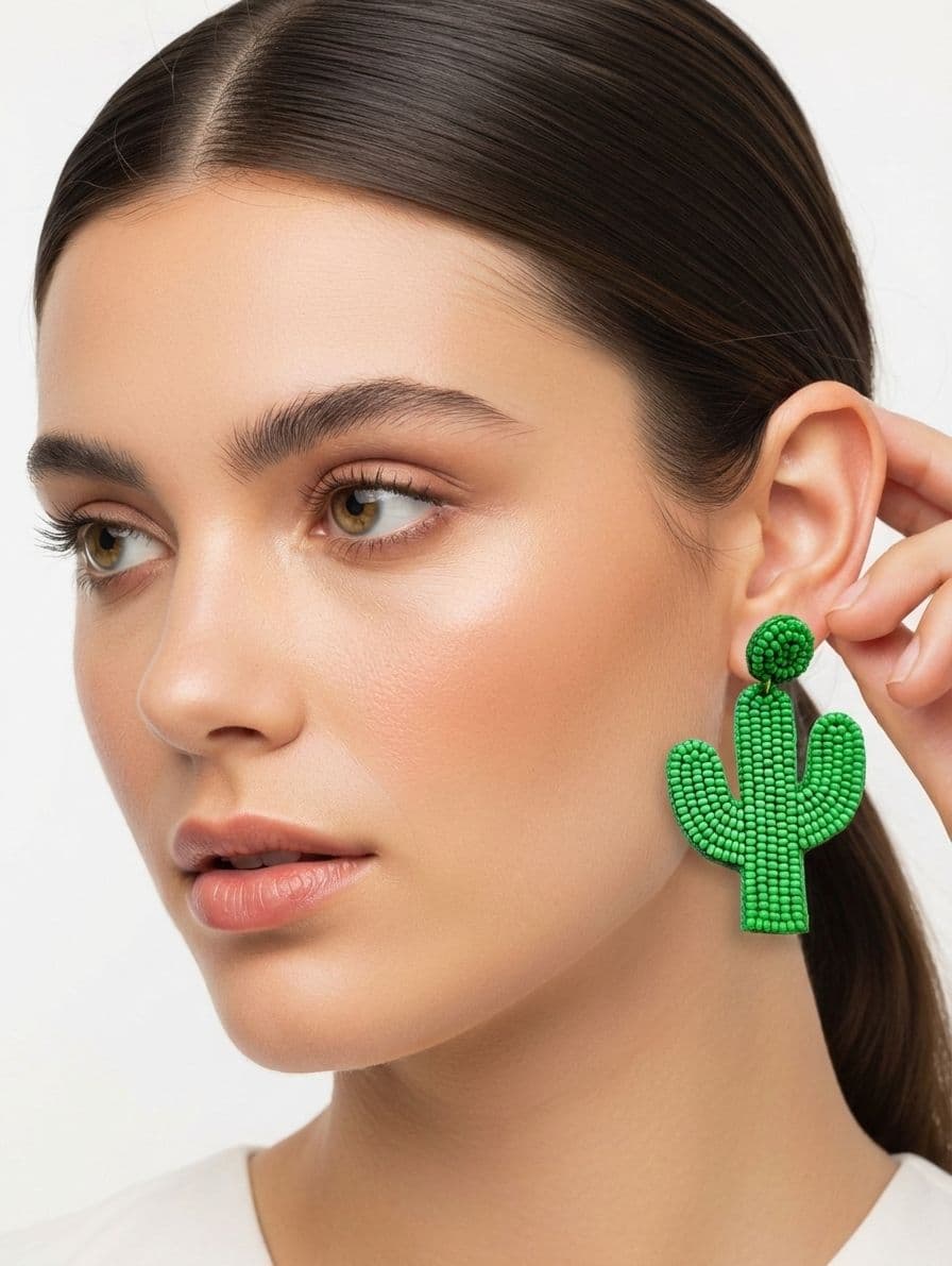 Green Beaded Cactus Handmade Earrings - Fancy Jewellery for Women and Girls