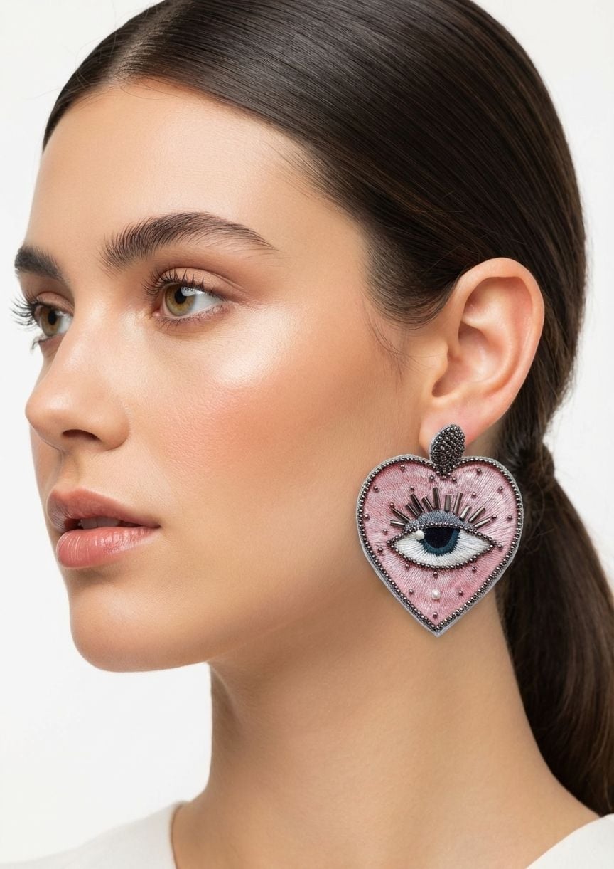 Pink Evil Eye Beaded Heart Handmade Earrings for Women