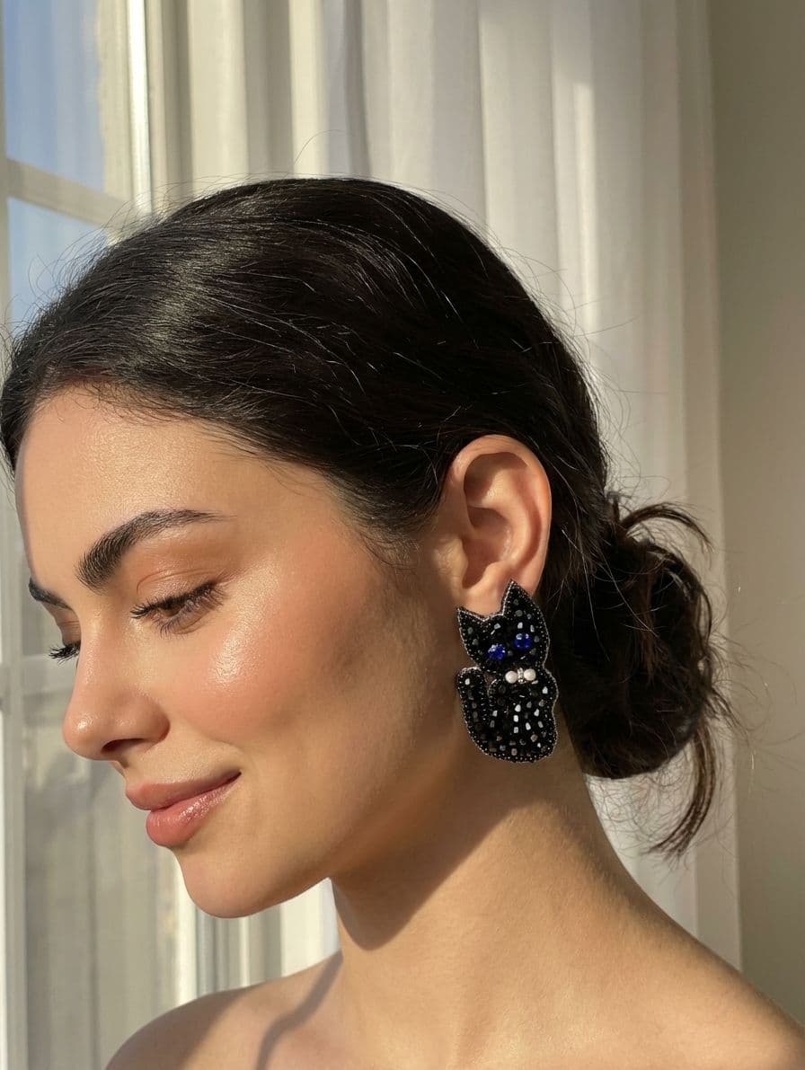 Stylish Black Kitty Handmade Beaded Earrings