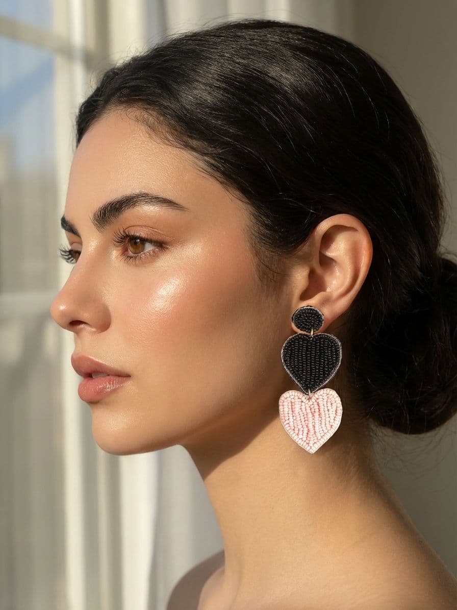 Black & Pink Beaded Heart Shape Dangler Earrings for Girls, Handmade Mehandi Jewellery