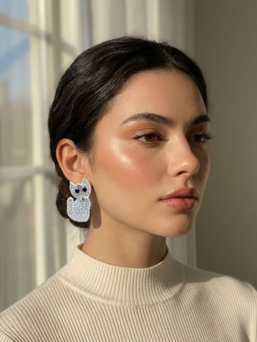White Kitty Handmade Beaded Earrings