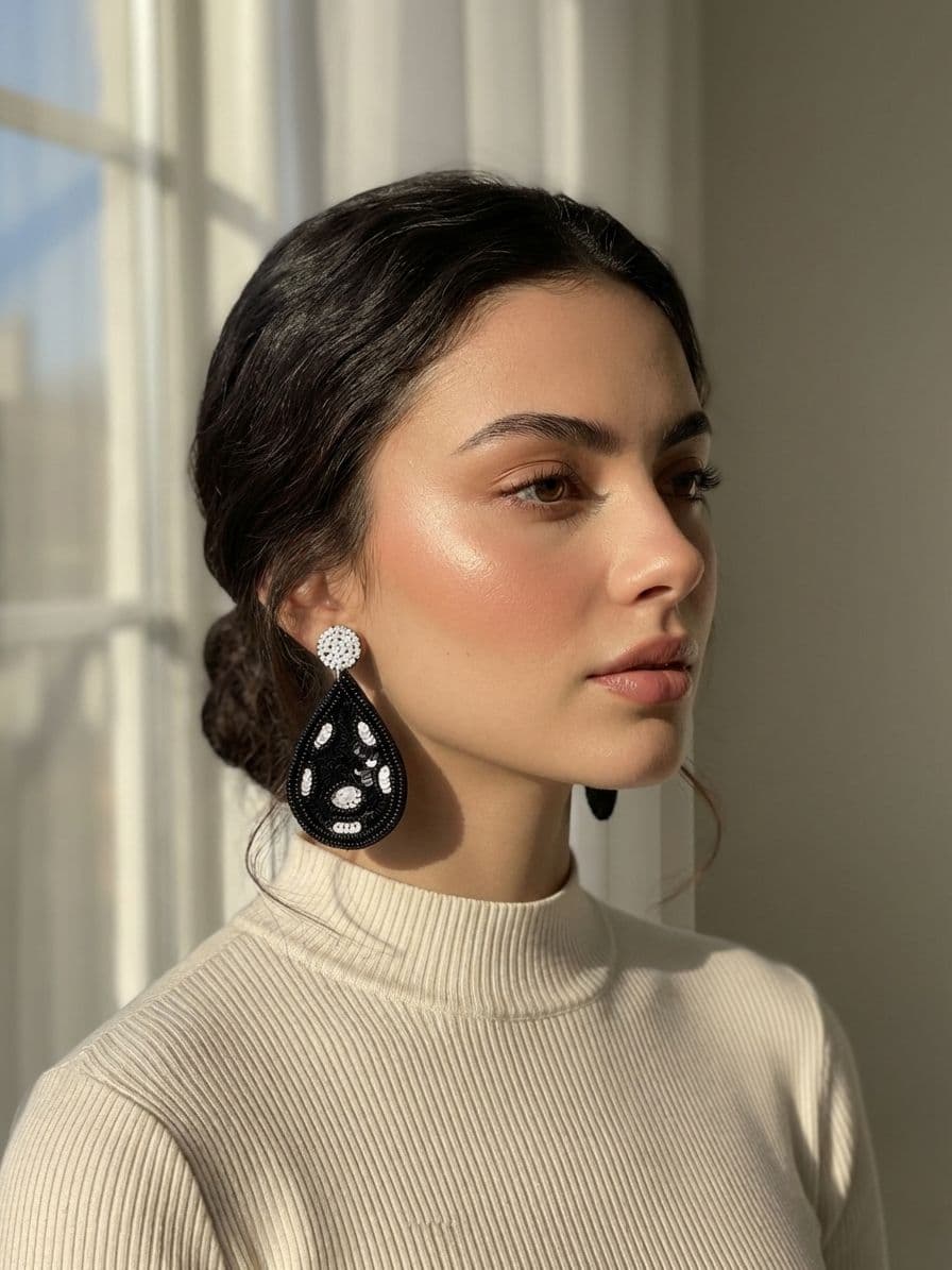 Black Flower Beaded Drop Earrings for Women & Girls