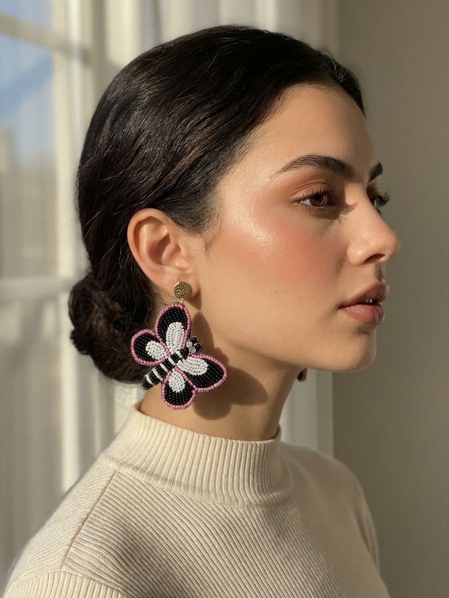 Black-White Beaded Butterfly Earrings for Trendy Women