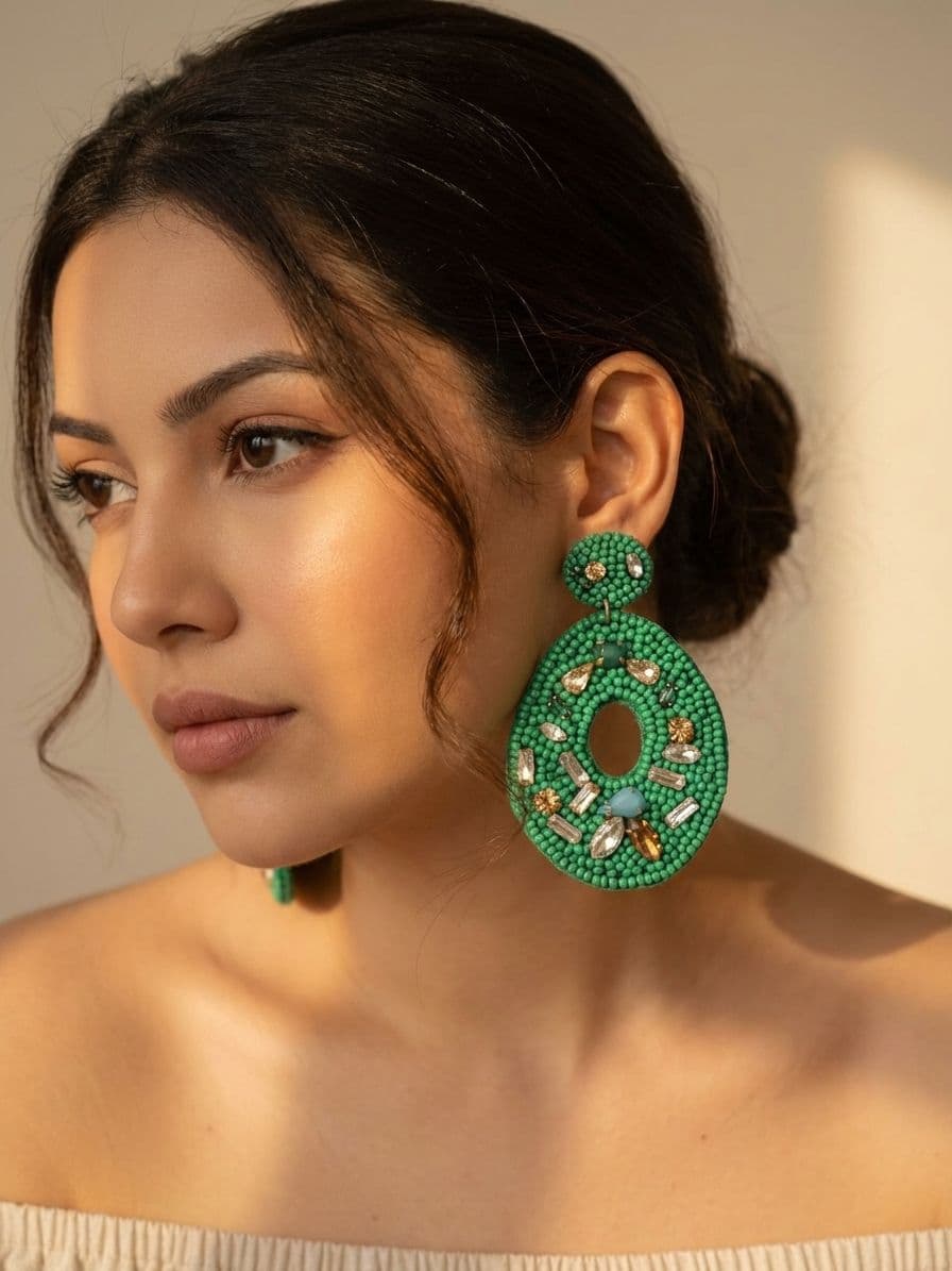 Crystal Studded Green Beaded Earrings for Women