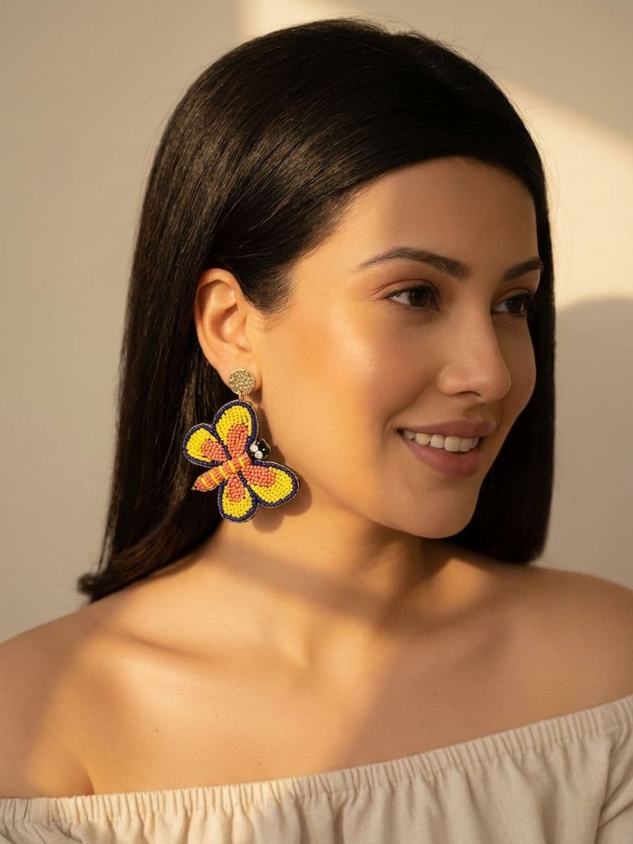 Yellow-Peach Beaded Butterfly Earrings for Women
