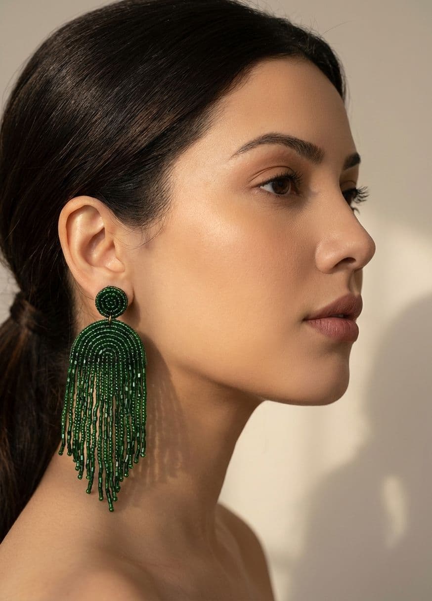 Green Handmade Beaded Tassel Earrings for for Women