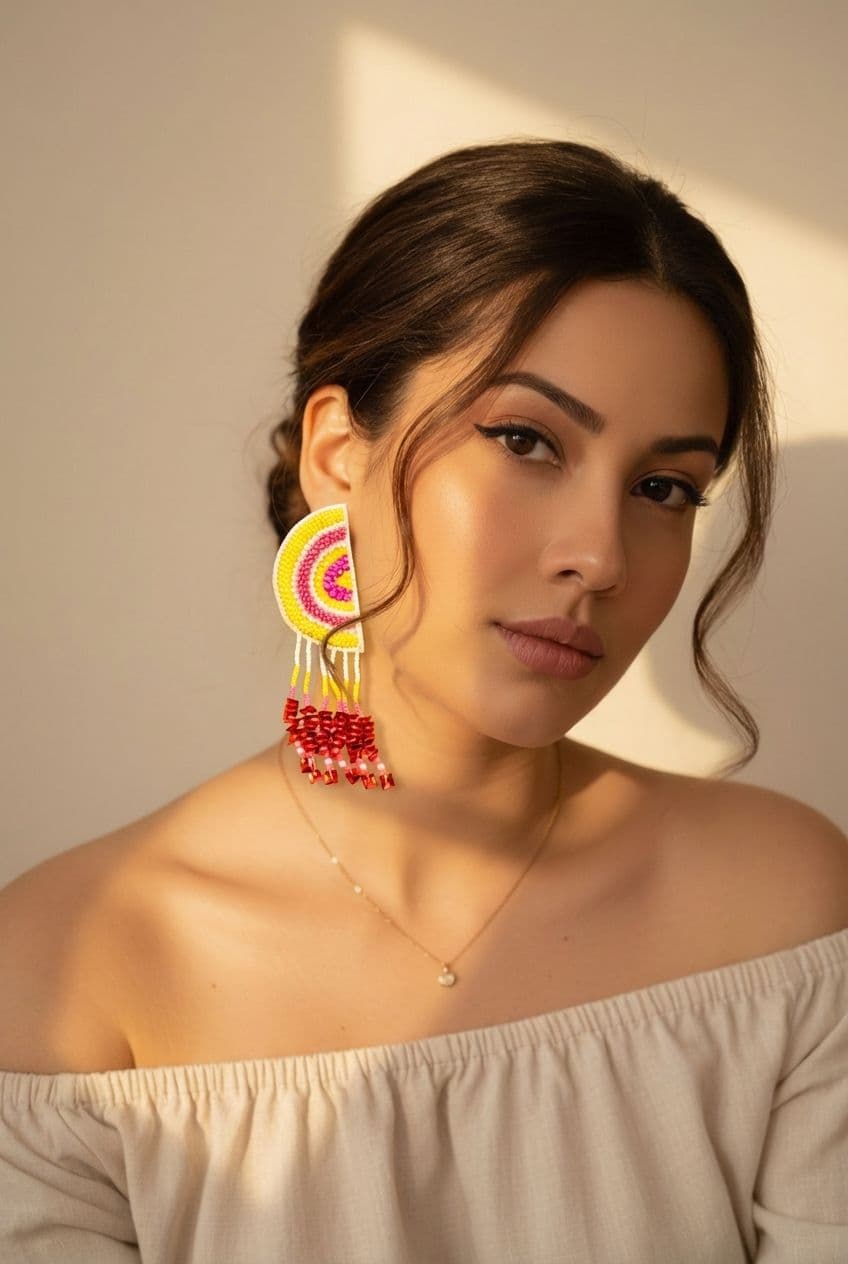 Yellow-Pink Handicraft Halfmoon Earrings for Wedding
