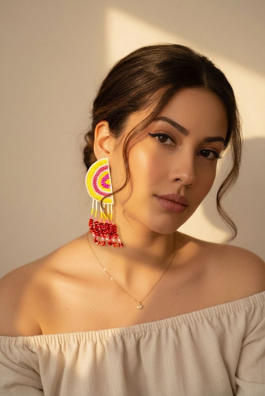 Yellow-Pink Handicraft Halfmoon Earrings for Wedding