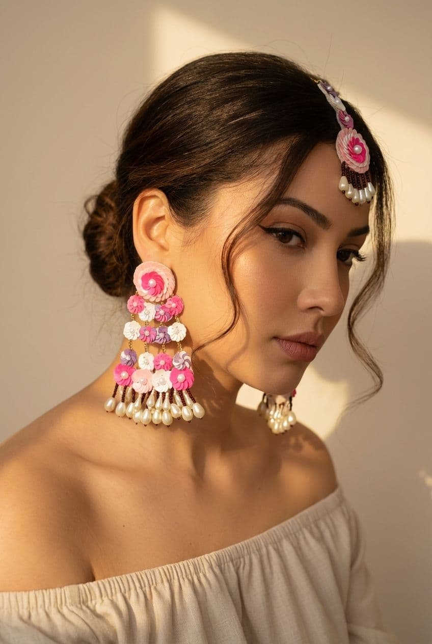 Handmade Flower Jewellery - Pink-Purple Beaded Earrings with Maang Tikka for Women