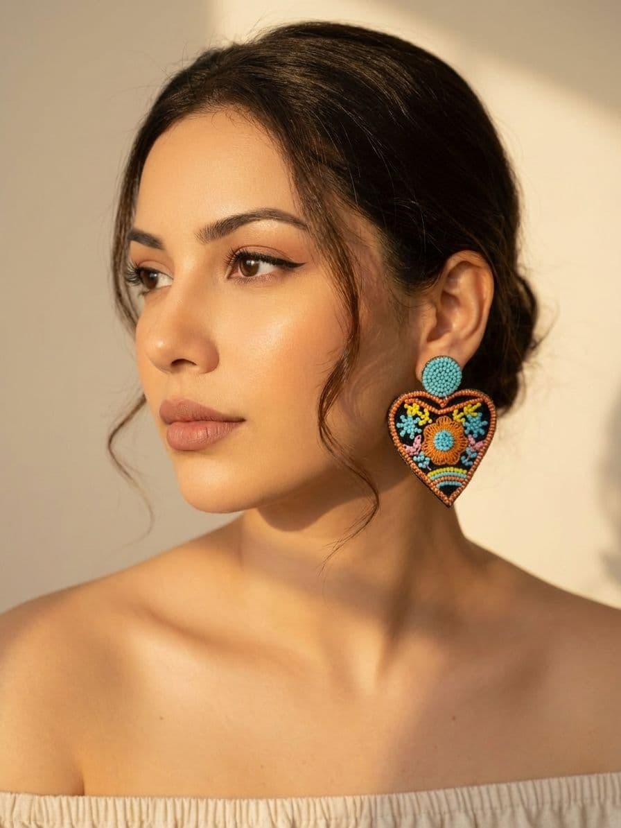 Floral Embroidered Heart Beaded Earrings - Valentine's Day Statement Jewelry for Women and Girls