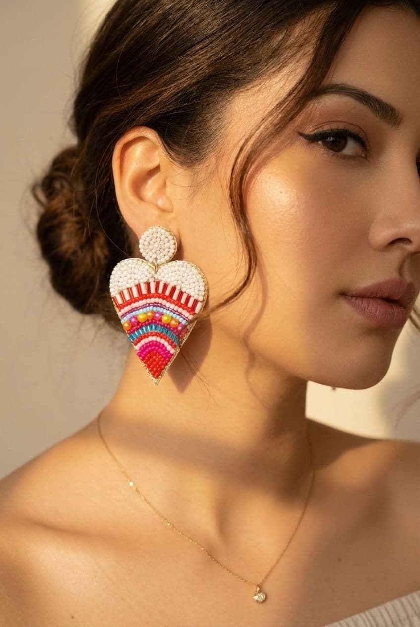 Mandala Heart Beaded Earrings - Statement Party Wear for Girls